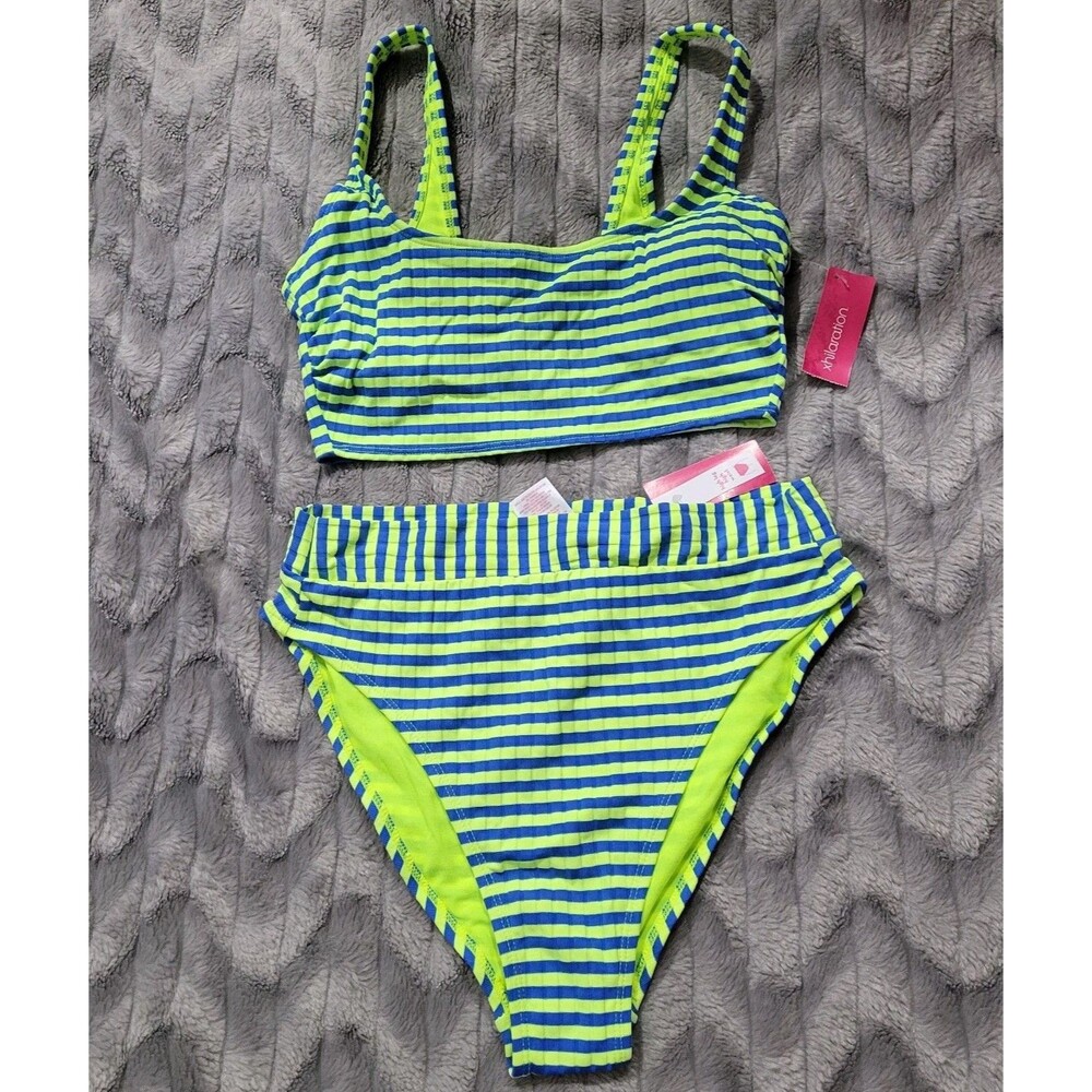 Xhilaration Womens L 8-10 Neon Green Blue Bikini Set Top Bottoms Swimsuit NWT